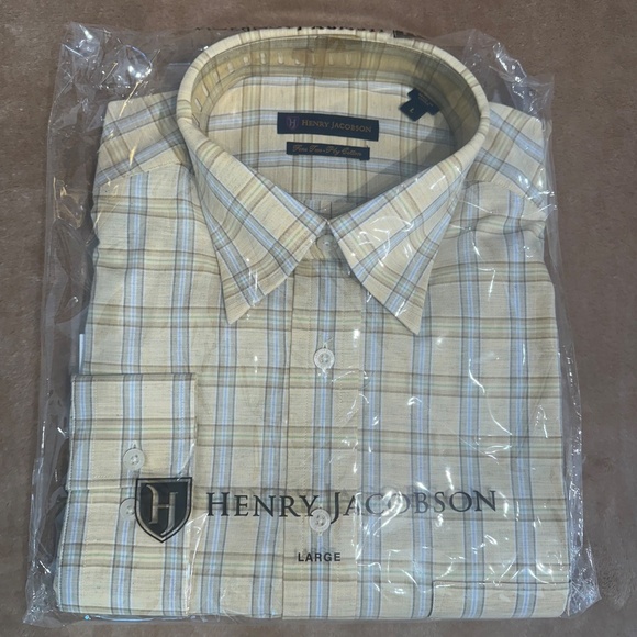 New Henry Jacobson, size Large, 100% cotton tan plaid woven sport shirt - Picture 5 of 5